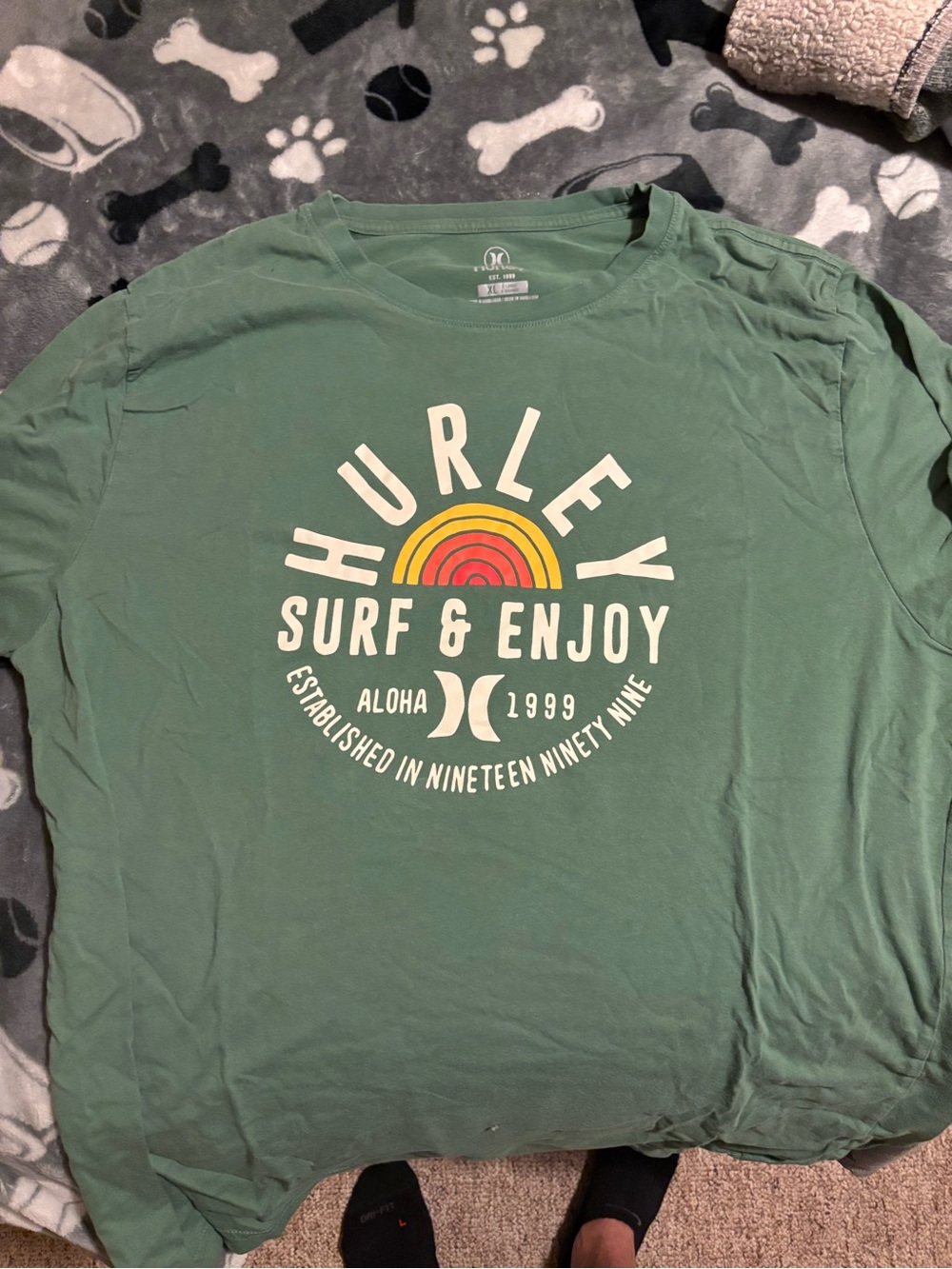 Hurley Green Short Sleeve Tee with White and Yellow Graphic
